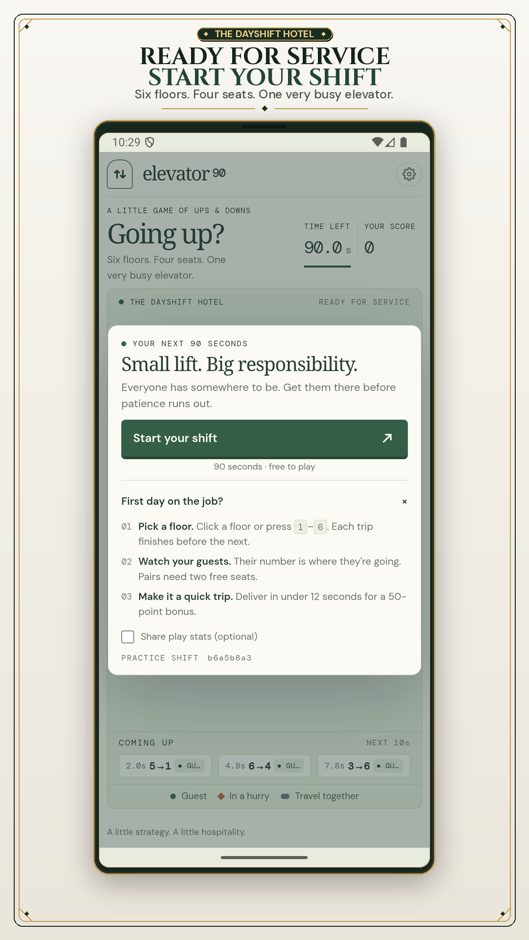 Elevator 90 start screen with instructions for beginning a 90-second hotel shift