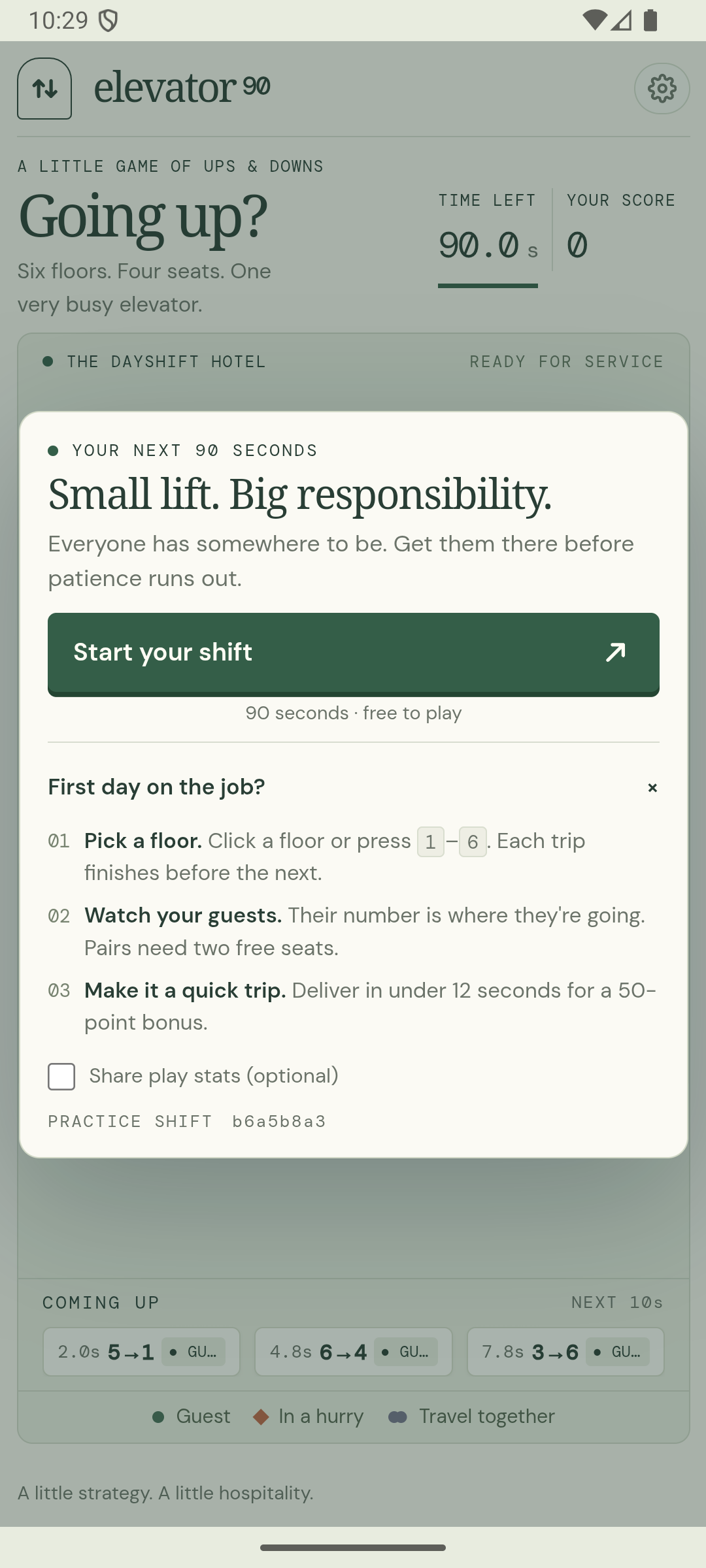 Elevator 90 start screen with instructions for beginning a 90-second hotel shift