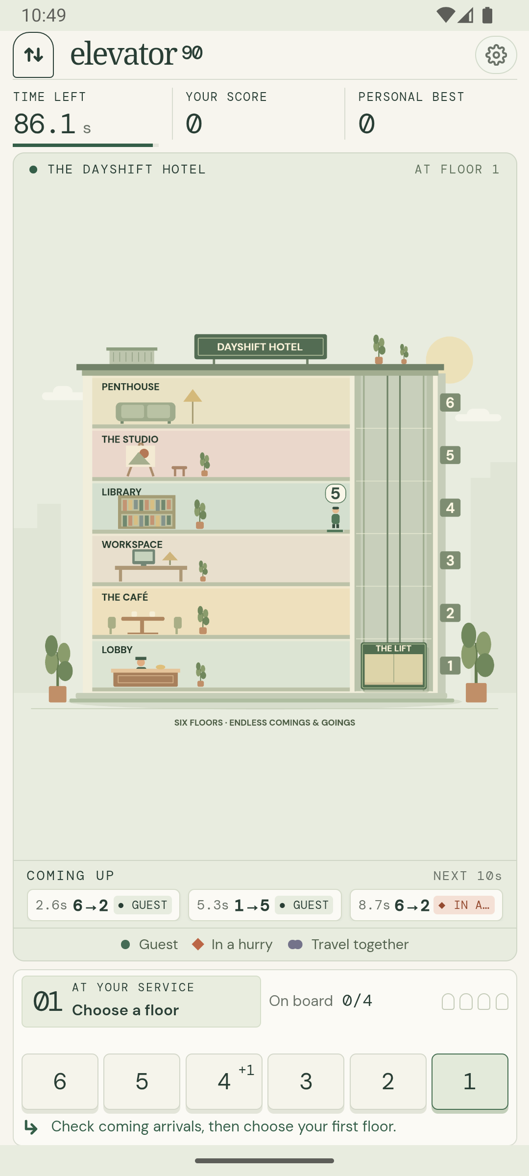 Elevator 90 gameplay showing a six-floor hotel cutaway and elevator controls