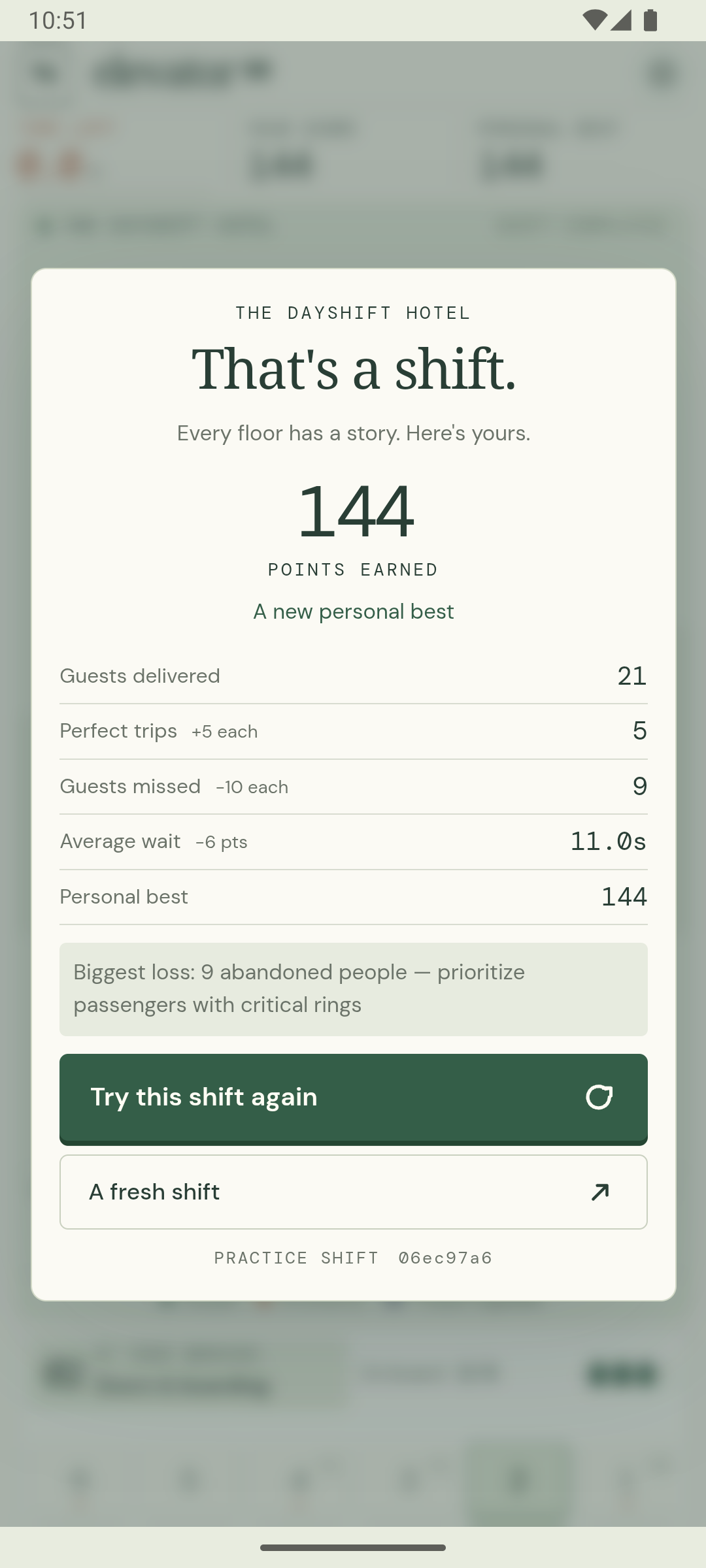 Elevator 90 results screen summarizing a completed shift